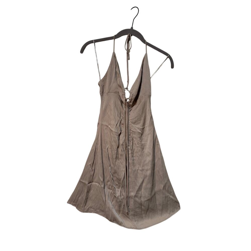 Zara Taupe Halter Mini Dress Womens XS Open Back Ruched Tie A Line Made Turkey - Picture 5 of 11
